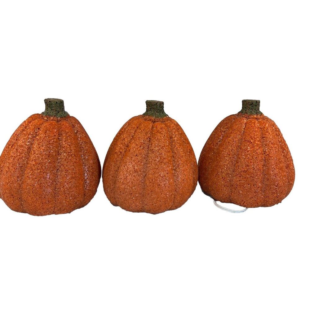 3 Vtg 8” Seasons‎ Lighted Melted Plastic Popcorn Pumpkins - Tested And Works - Picture 2 of 4